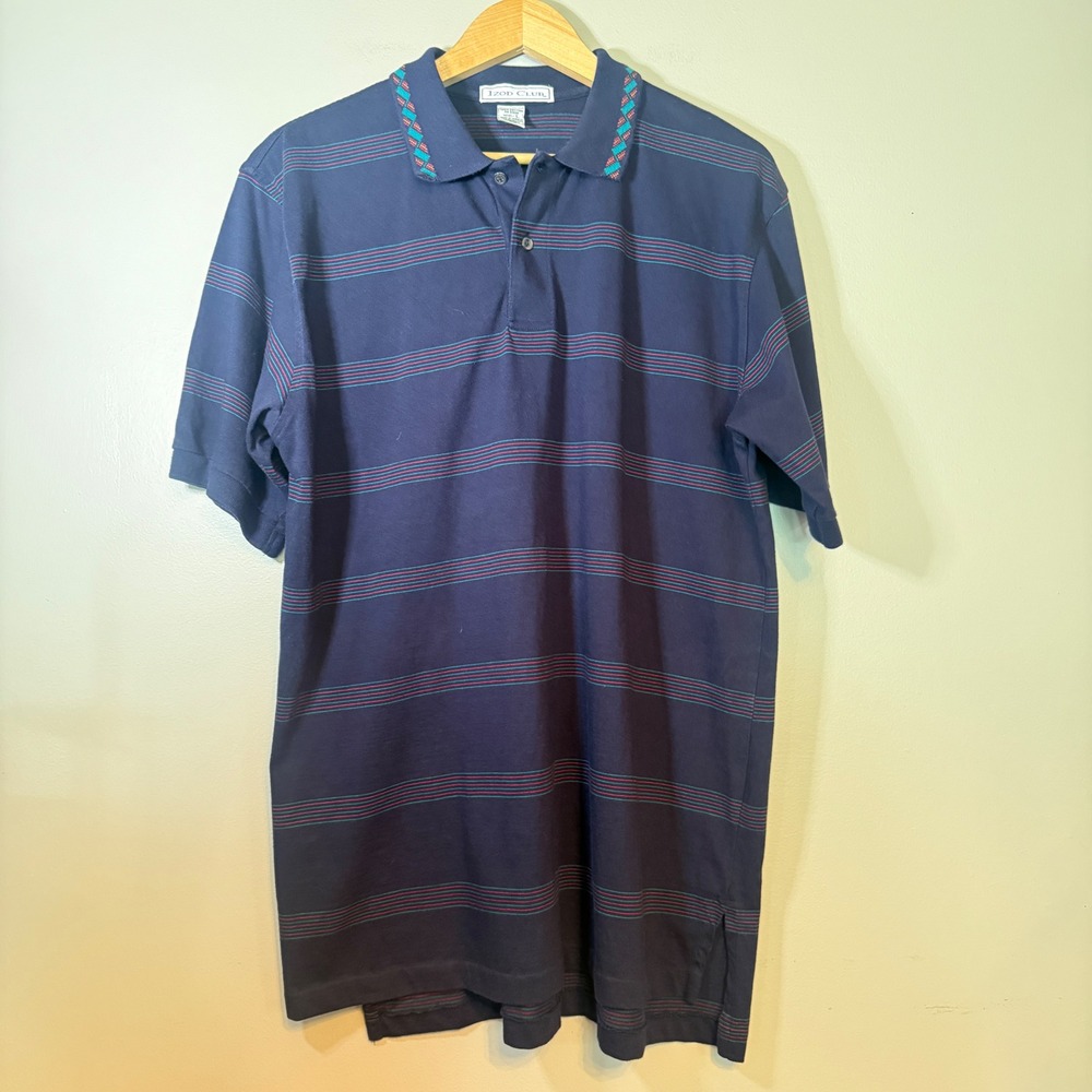 Izod Club Mens Large Polo Shirt Navy Blue Striped Geometric Collar Vintage 90s